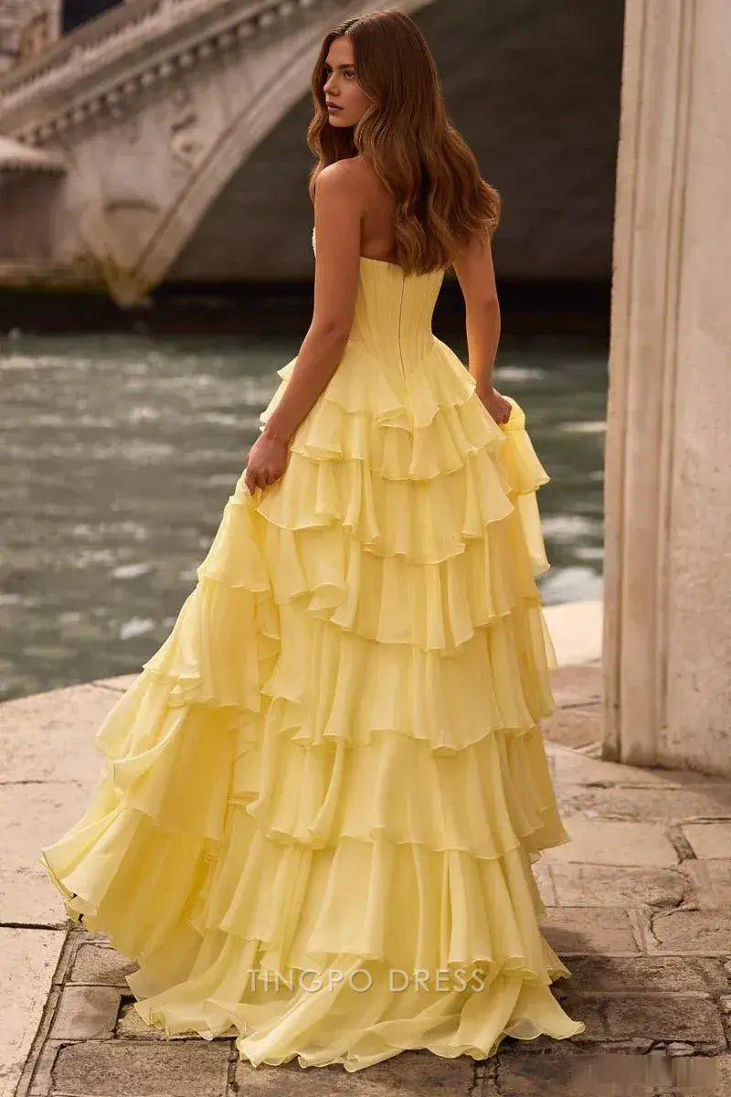 Elegant Strapless Lace Bodice Tiered Ruffle Maxi Dress with Side Slit Prom Dress